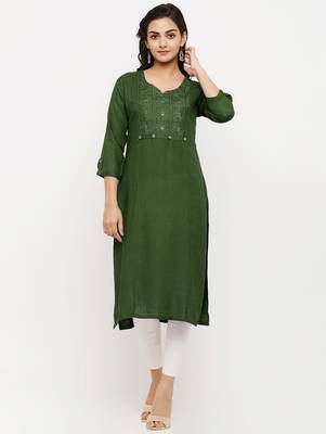 Women's  Mehndi Rayon Embroidered Straight Kurta 1