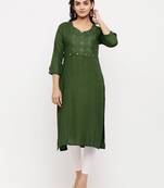 Women's  Mehndi Rayon Embroidered Straight Kurta