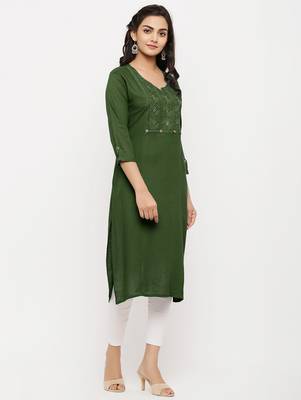 Women's  Mehndi Rayon Embroidered Straight Kurta 4