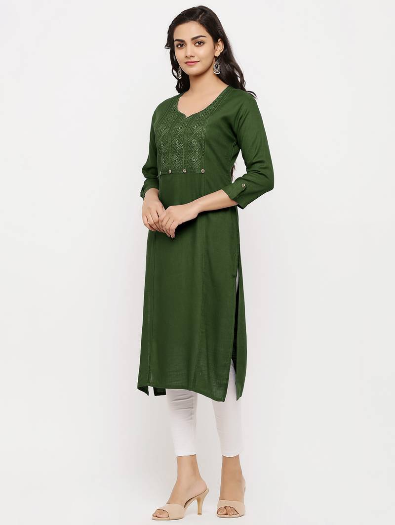 Women's  Mehndi Rayon Embroidered Straight Kurta