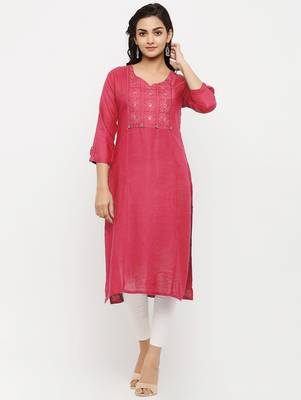 Women's  Peach Rayon Embroidered Straight Kurta 1