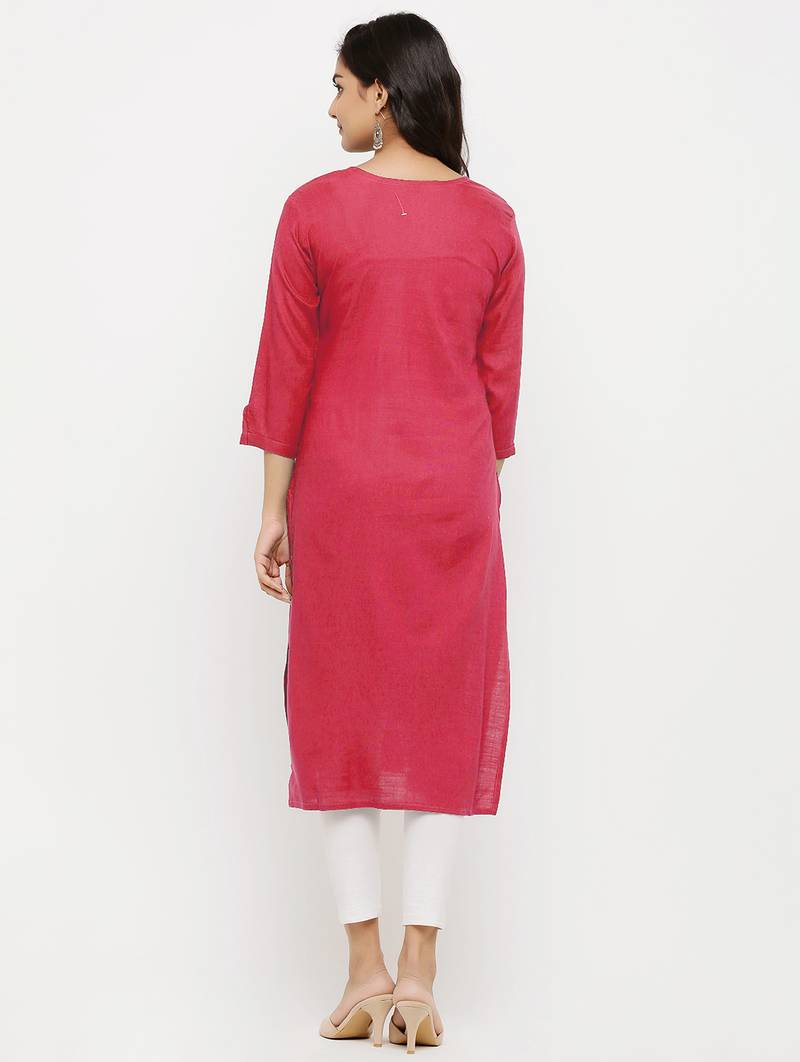 Women's  Peach Rayon Embroidered Straight Kurta