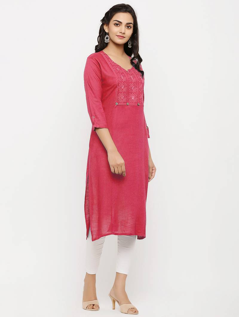 Women's  Peach Rayon Embroidered Straight Kurta