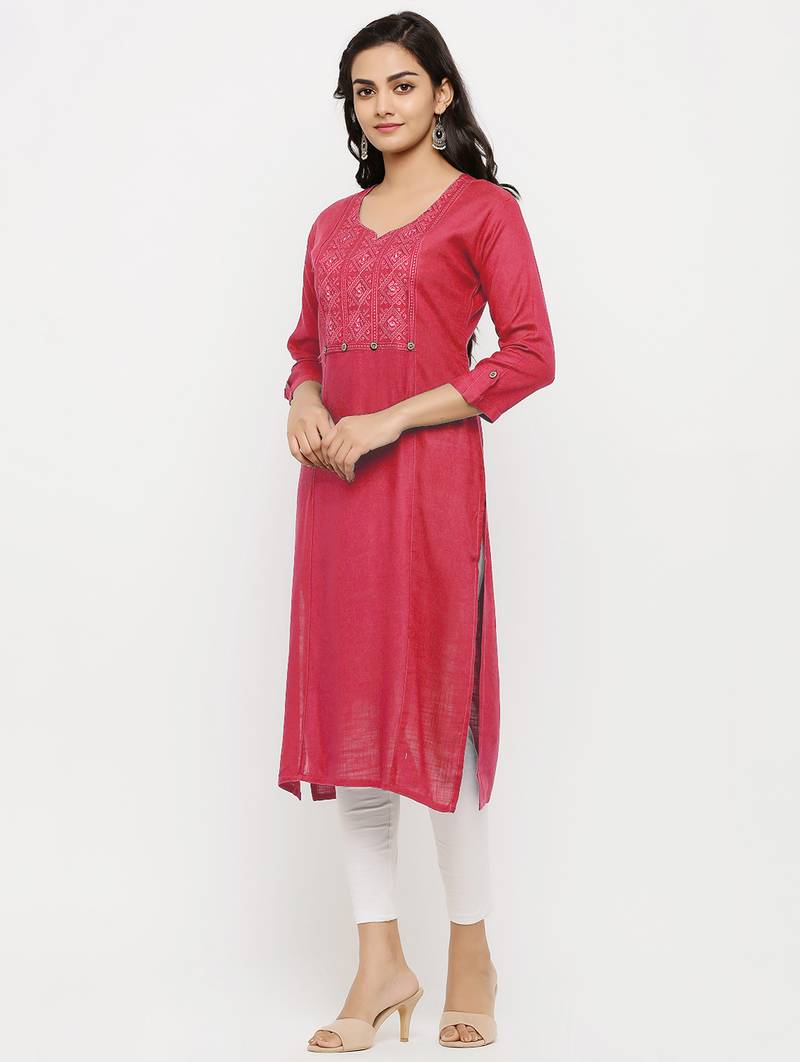 Women's  Peach Rayon Embroidered Straight Kurta