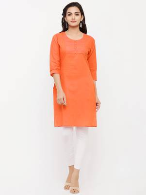 Women's  Orange Cotton Embroidered Straight Kurta 1
