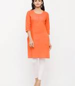 Women's  Orange Cotton Embroidered Straight Kurta