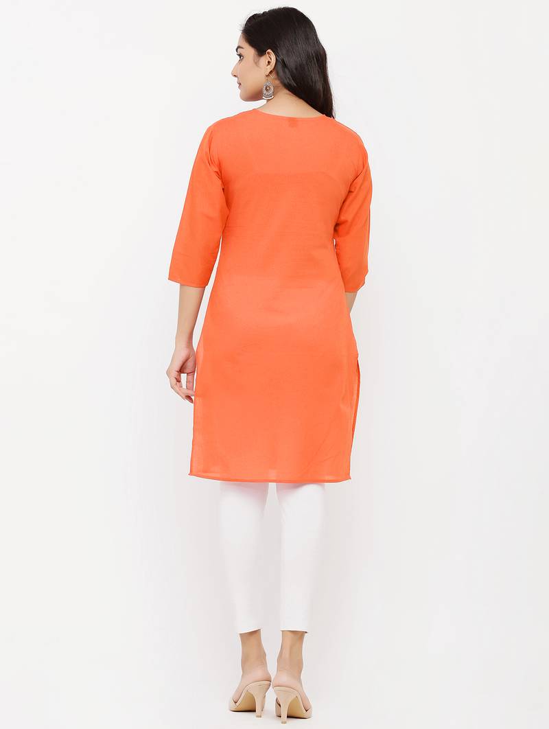 Women's  Orange Cotton Embroidered Straight Kurta