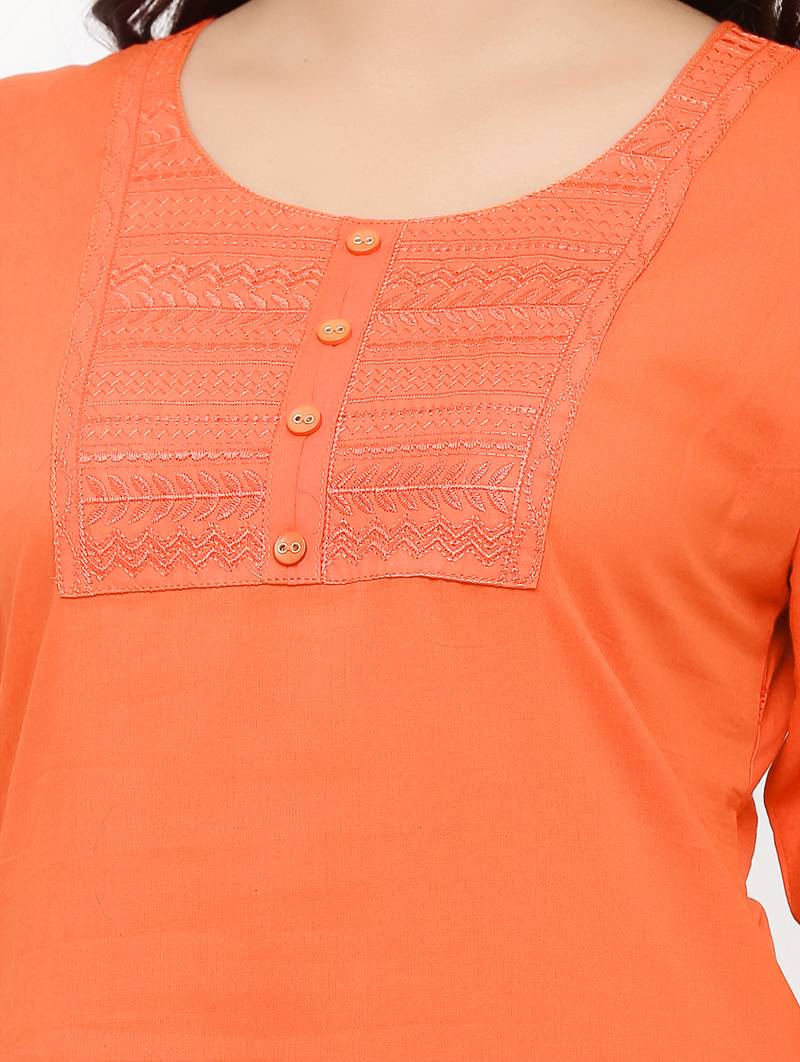 Women's  Orange Cotton Embroidered Straight Kurta
