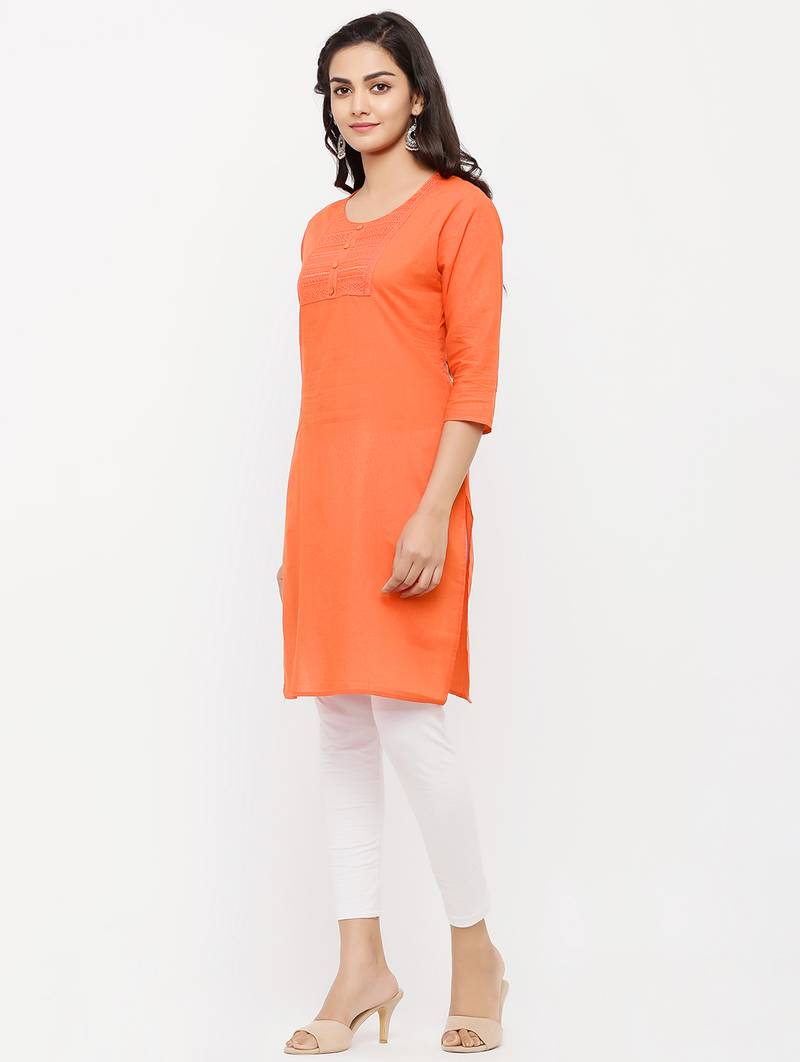 Women's  Orange Cotton Embroidered Straight Kurta