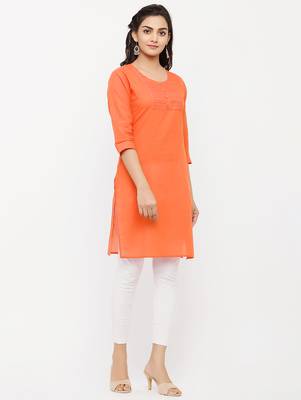 Women's  Orange Cotton Embroidered Straight Kurta 5