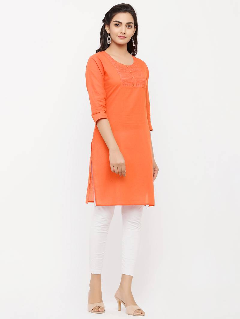 Women's  Orange Cotton Embroidered Straight Kurta
