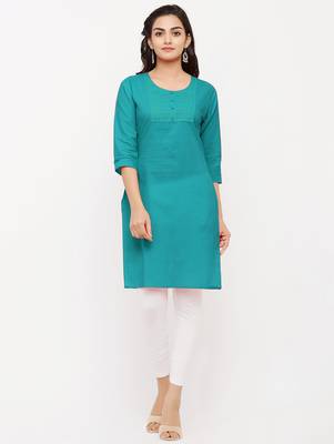 Women's  Green Cotton Embroidered Straight Kurta 1