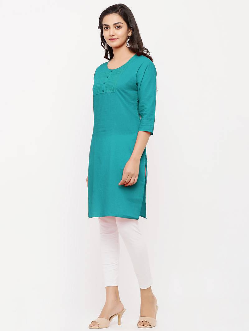 Women's  Green Cotton Embroidered Straight Kurta