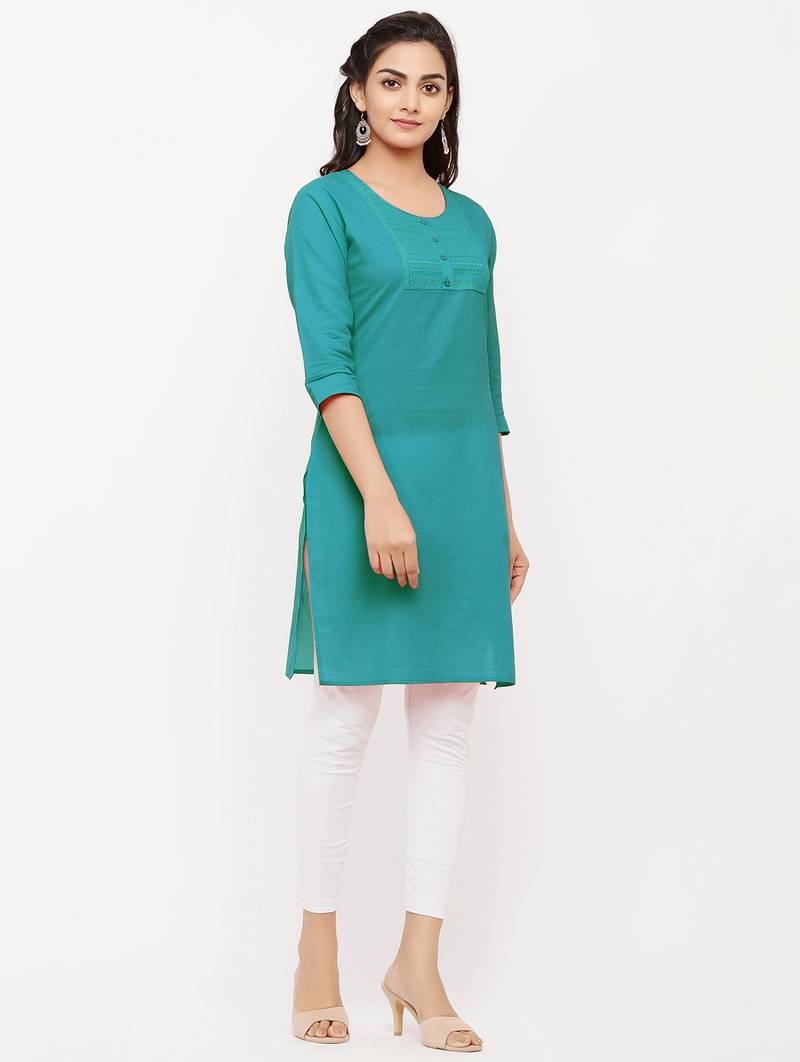Women's  Green Cotton Embroidered Straight Kurta