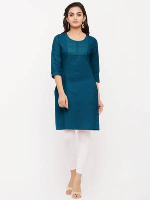 Women's  Blue Cotton Embroidered Straight Kurta 1