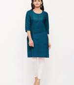 Women's  Blue Cotton Embroidered Straight Kurta