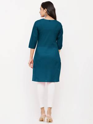 Women's  Blue Cotton Embroidered Straight Kurta 2