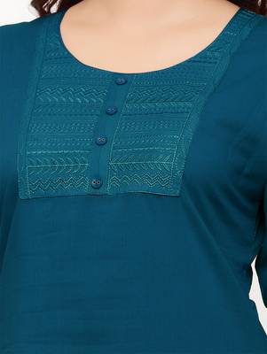 Women's  Blue Cotton Embroidered Straight Kurta 3