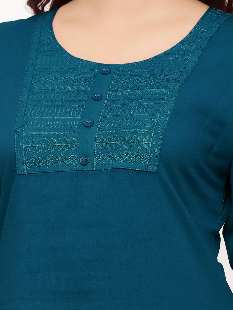 Women's  Blue Cotton Embroidered Straight Kurta