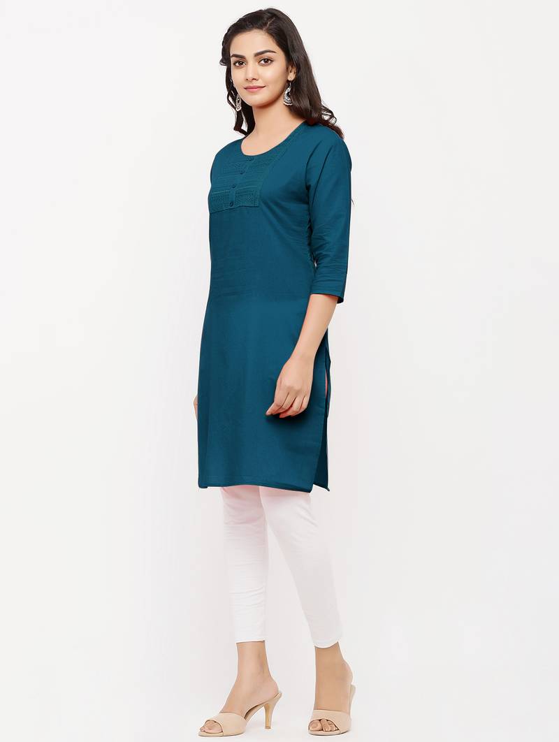 Women's  Blue Cotton Embroidered Straight Kurta