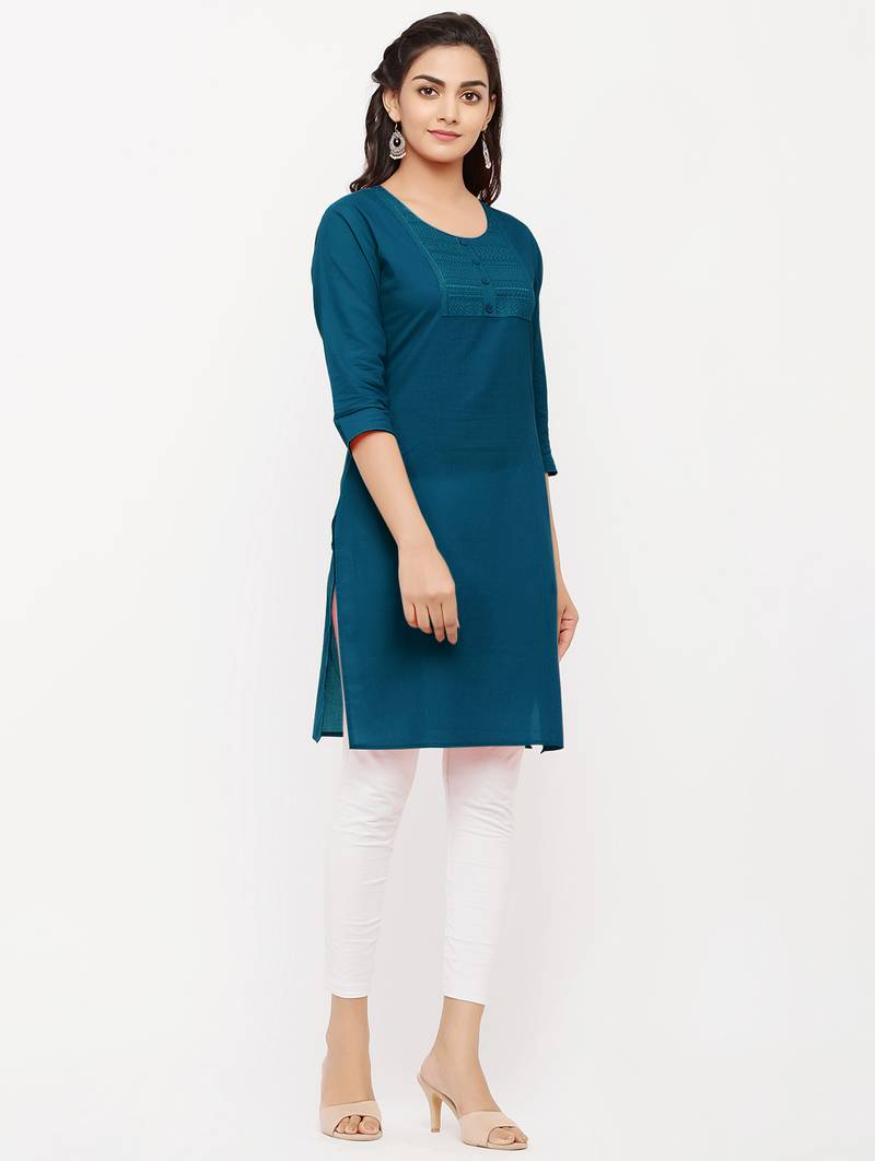 Women's  Blue Cotton Embroidered Straight Kurta