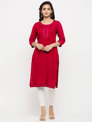 Women's  Red Rayon Embroidered Straight Kurta 1