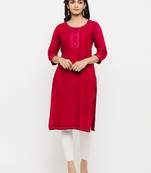 Women's  Red Rayon Embroidered Straight Kurta