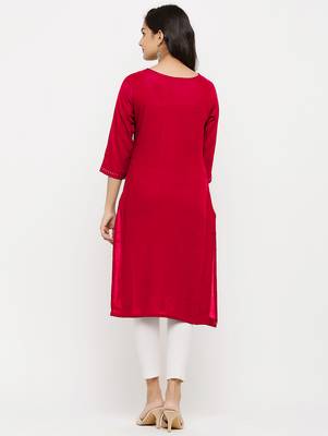 Women's  Red Rayon Embroidered Straight Kurta 2