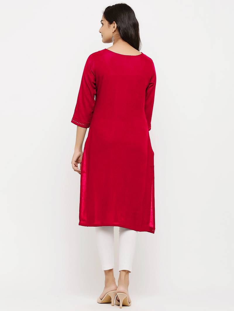 Women's  Red Rayon Embroidered Straight Kurta