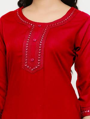 Women's  Red Rayon Embroidered Straight Kurta 3