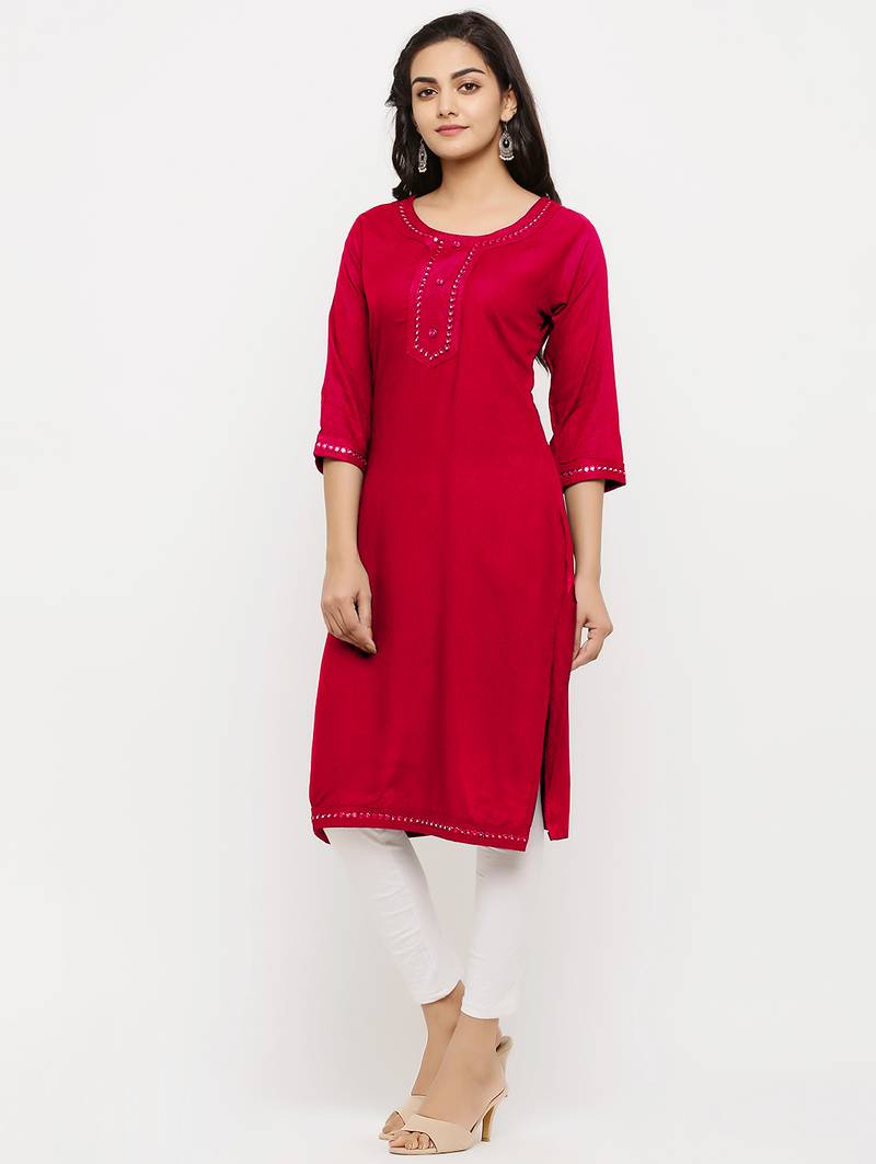 Women's  Red Rayon Embroidered Straight Kurta