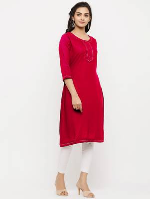 Women's  Red Rayon Embroidered Straight Kurta 5