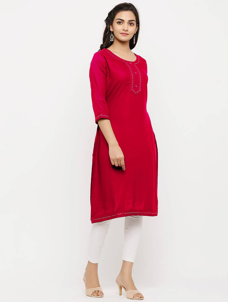 Women's  Red Rayon Embroidered Straight Kurta