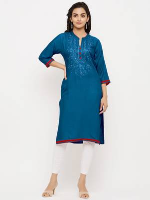 Women's  Blue Rayon Embroidered Straight Kurta 1
