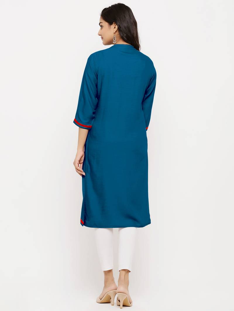 Women's  Blue Rayon Embroidered Straight Kurta