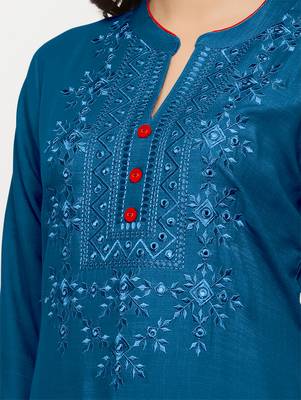 Women's  Blue Rayon Embroidered Straight Kurta 3
