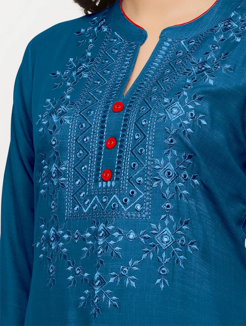 Women's  Blue Rayon Embroidered Straight Kurta