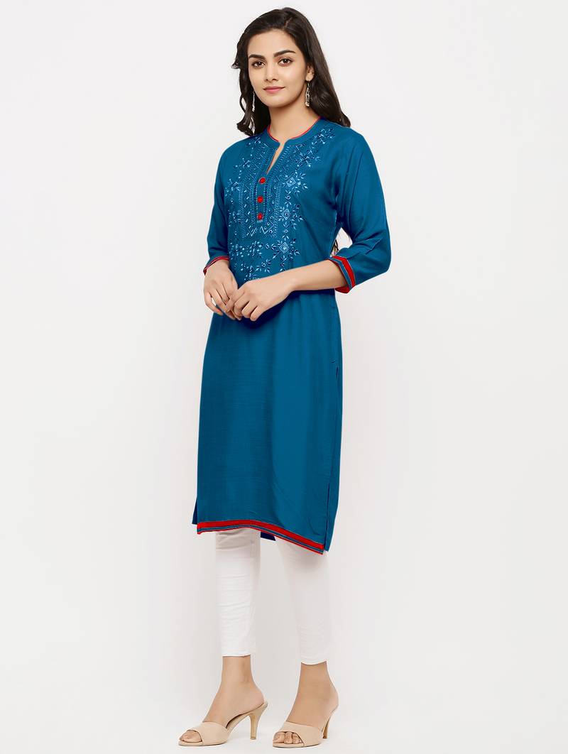 Women's  Blue Rayon Embroidered Straight Kurta
