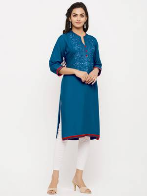 Women's  Blue Rayon Embroidered Straight Kurta 5