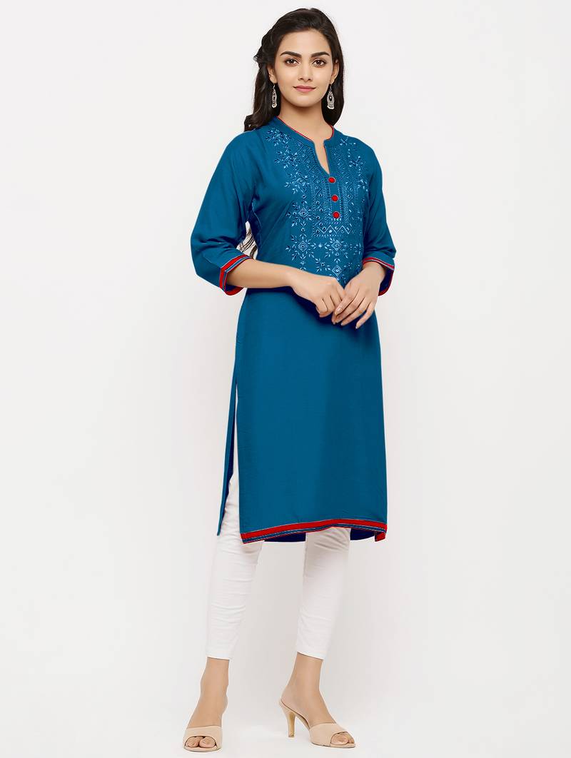 Women's  Blue Rayon Embroidered Straight Kurta
