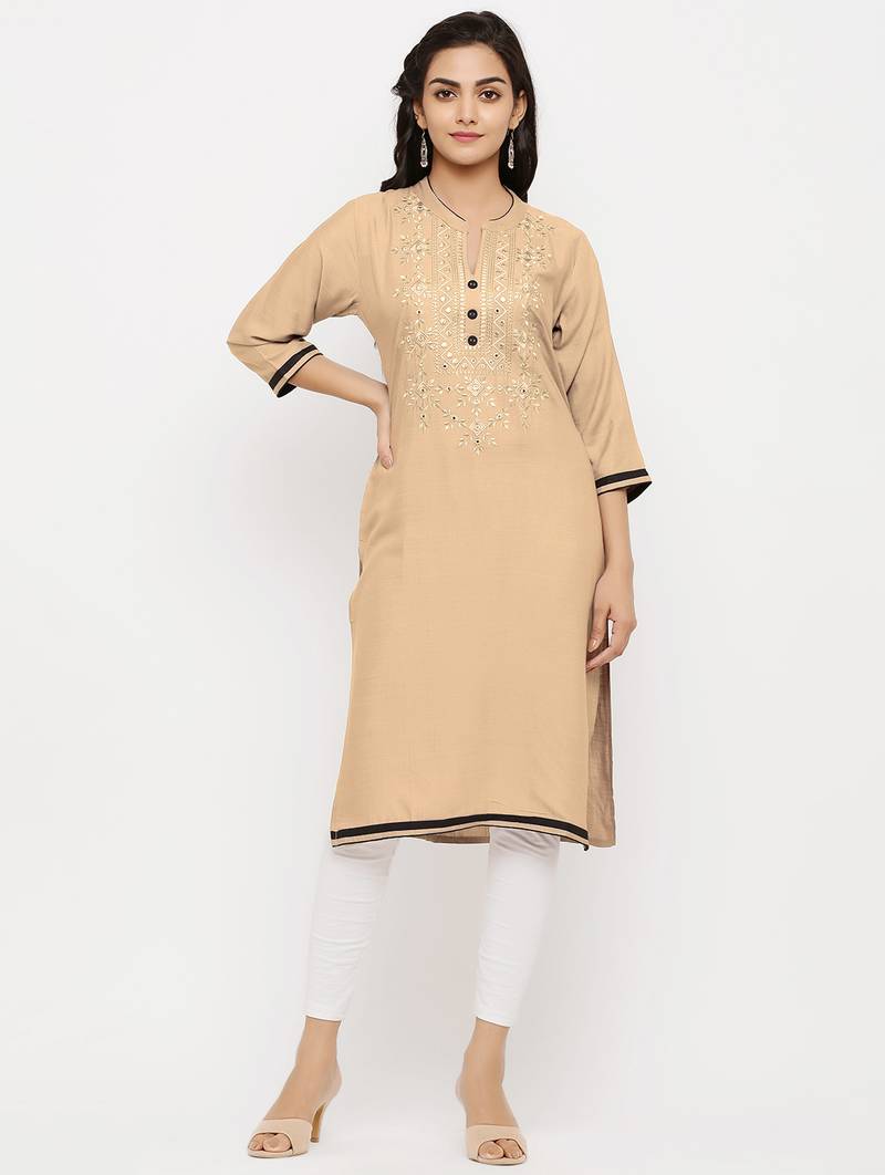 Women's  Sandy Brown Rayon Embroidered Straight Kurta