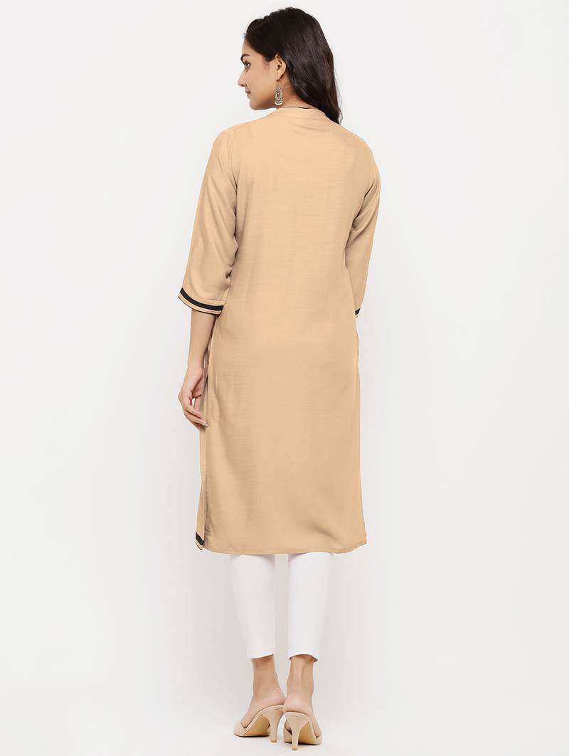Women's  Sandy Brown Rayon Embroidered Straight Kurta