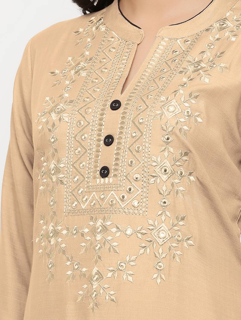 Women's  Sandy Brown Rayon Embroidered Straight Kurta