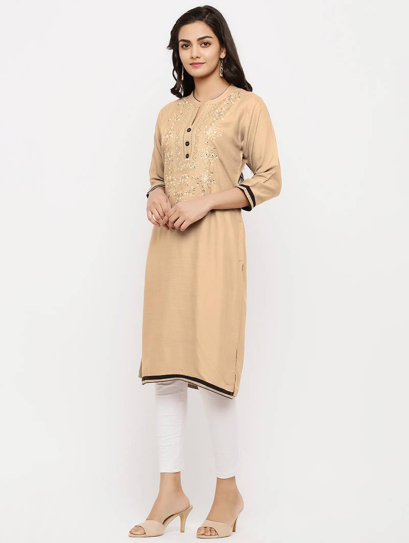 Women's  Sandy Brown Rayon Embroidered Straight Kurta
