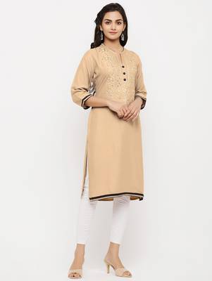 Women's  Sandy Brown Rayon Embroidered Straight Kurta 5