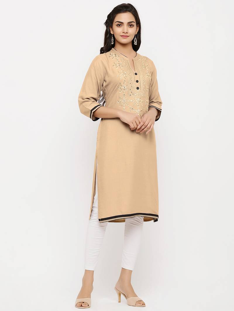 Women's  Sandy Brown Rayon Embroidered Straight Kurta