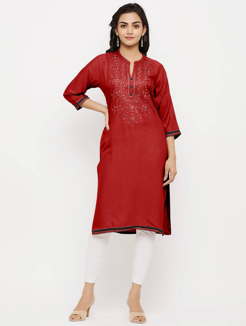 Women's  Maroon Rayon Embroidered Straight Kurta