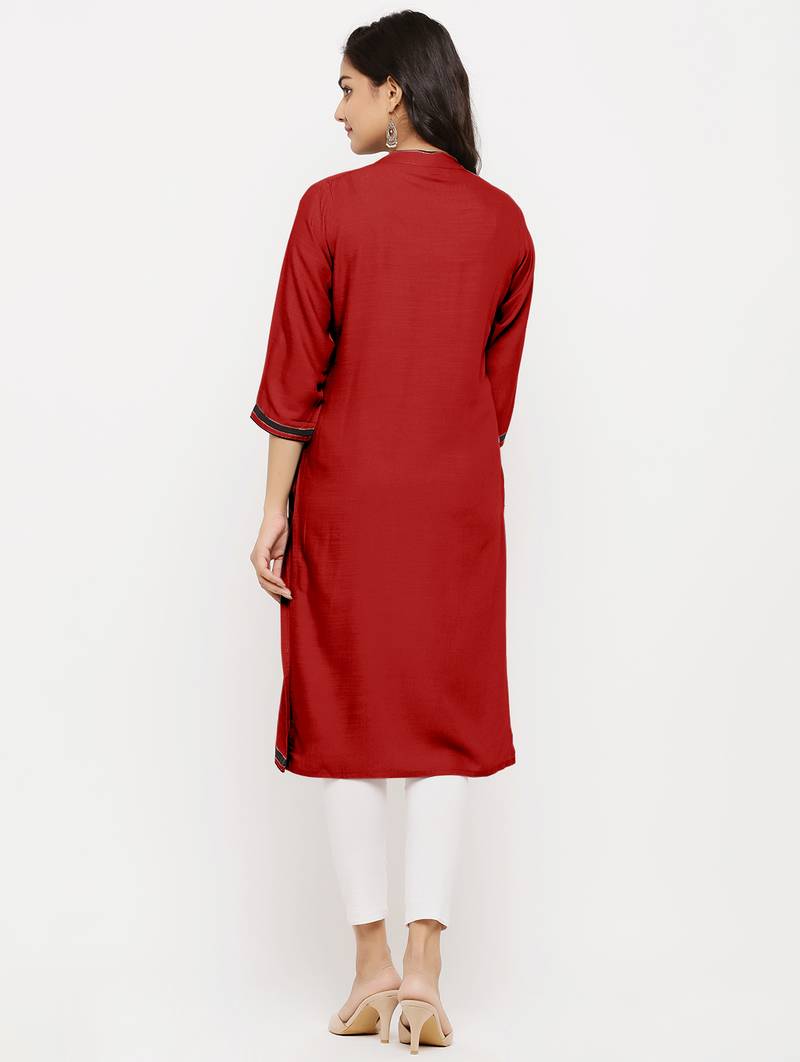 Women's  Maroon Rayon Embroidered Straight Kurta