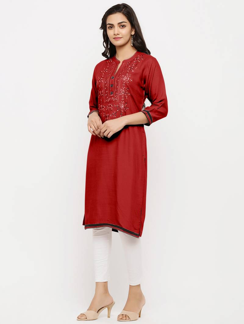 Women's  Maroon Rayon Embroidered Straight Kurta