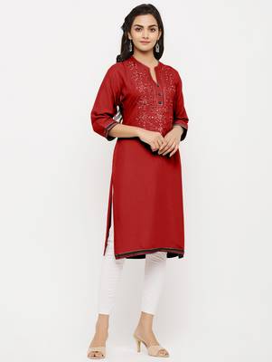 Women's  Maroon Rayon Embroidered Straight Kurta 5
